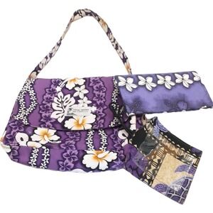 Local Design Shoulder Handbag Wallet ID Holder Set Of 3 Purple Floral Purse